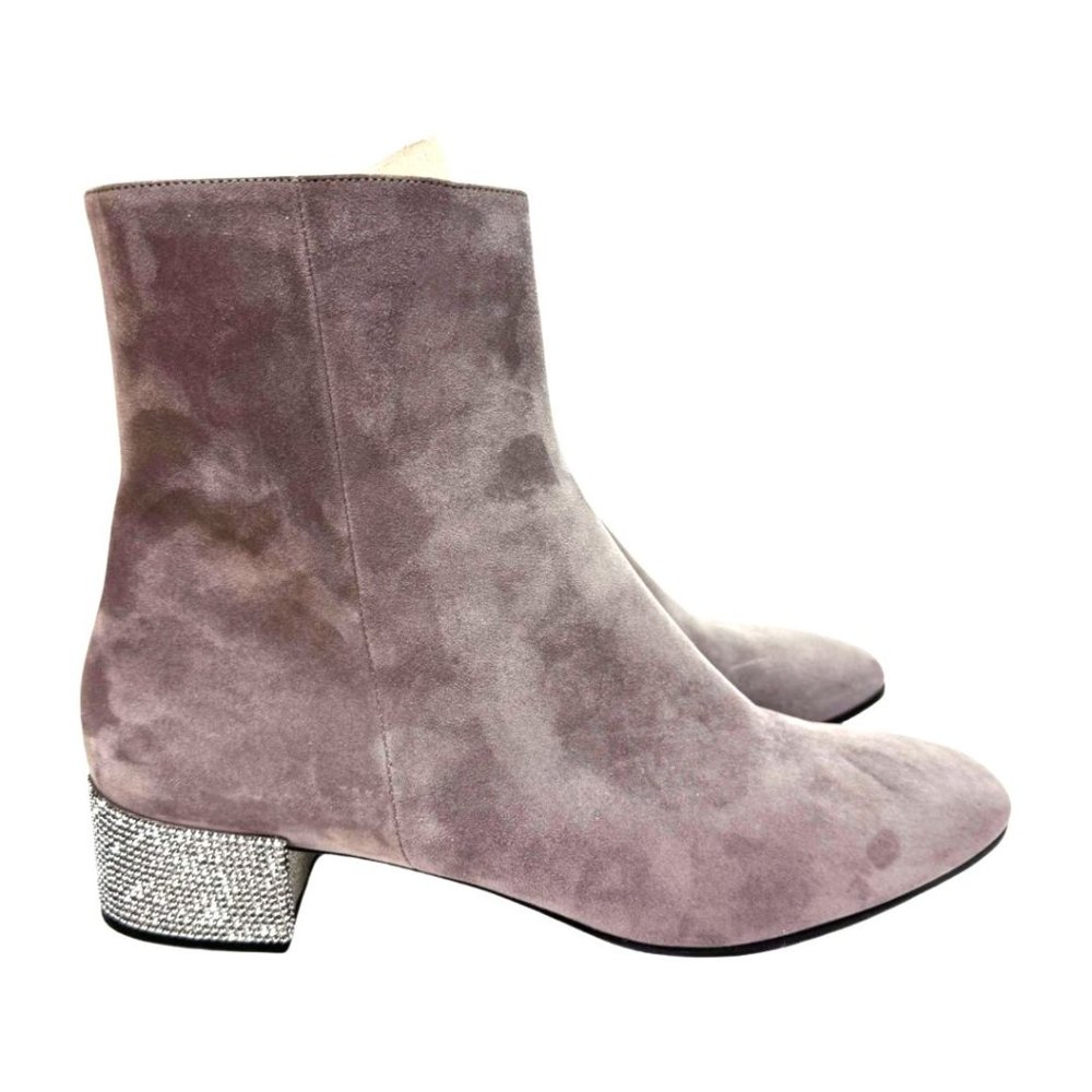 Rene Caovilla Suede w/ Rhinestone Heel Booties Gray Silver